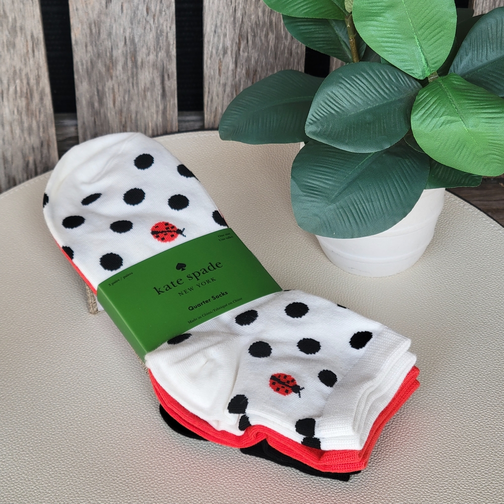 Kate Spade Ladybug White Crew Socks, Solid Red & Black 3 pair - Picture 3 of 10